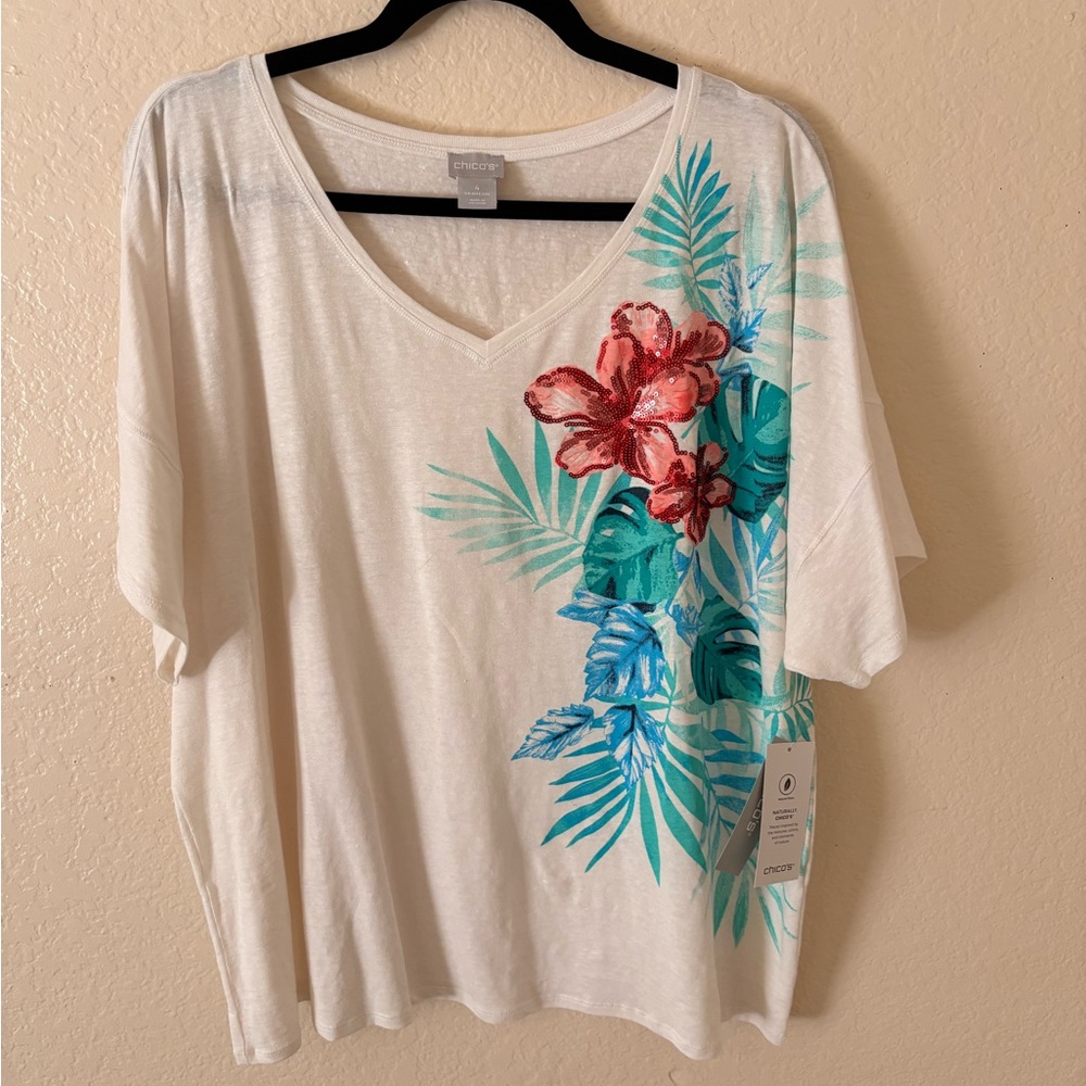 Chico's White Sequined Floral V-Neck Tee